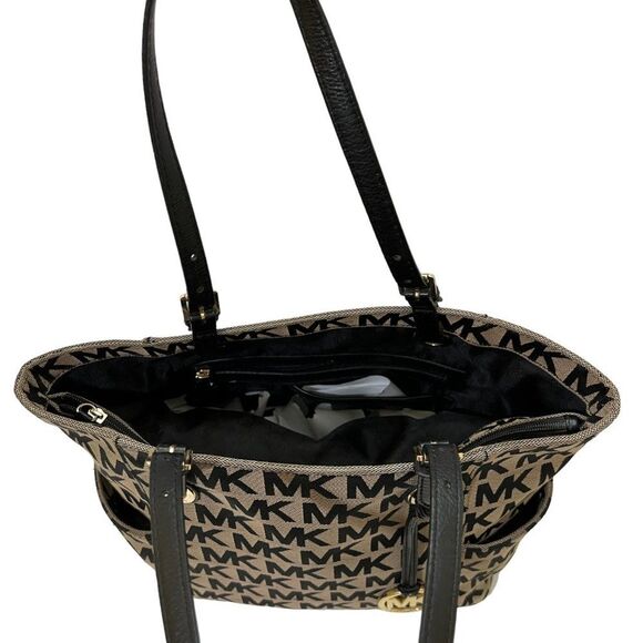Michael Kors Jet Set Black & Tan Monogram Signature MK Tote Bag - Picture 11 of 16